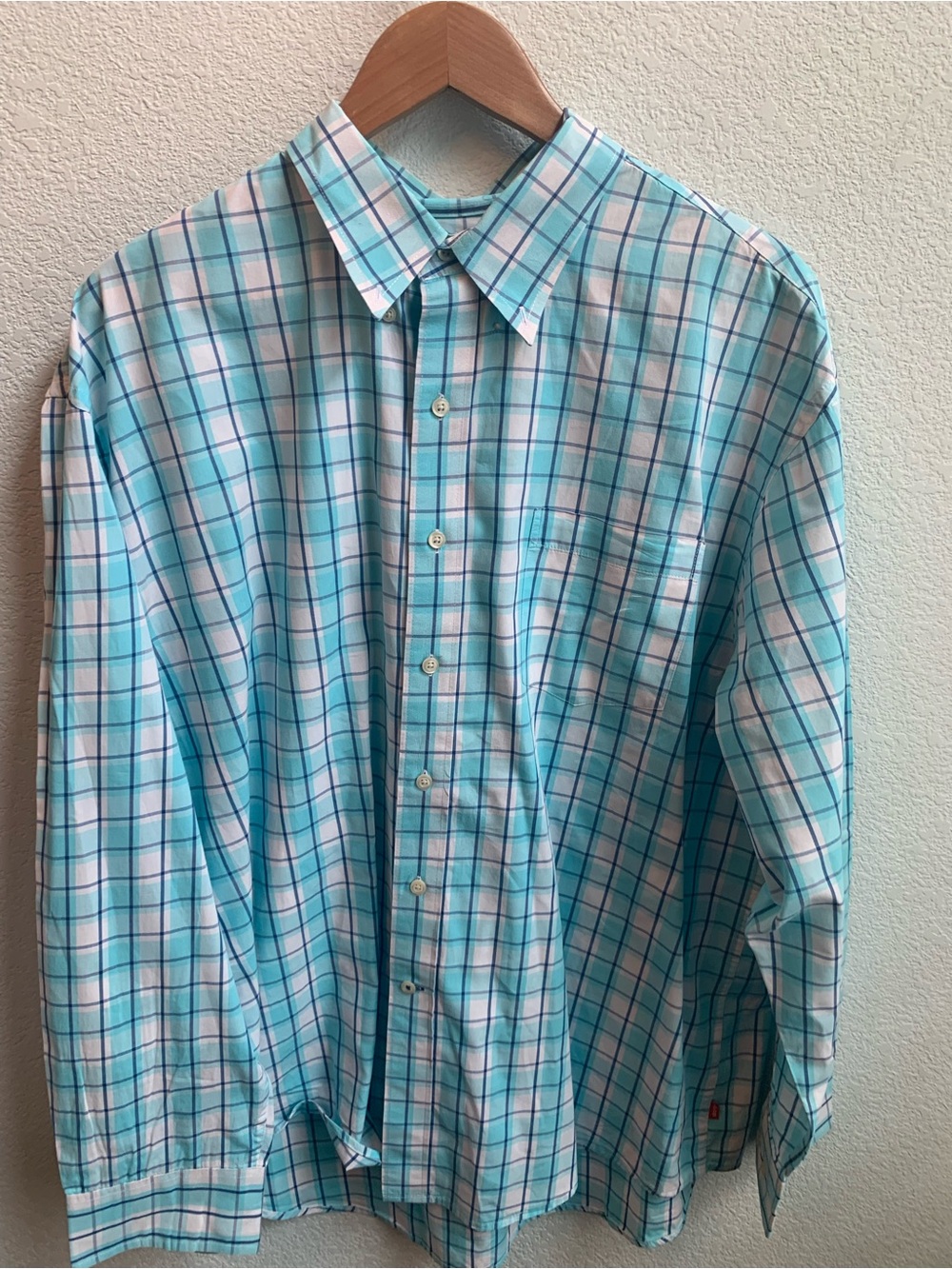 Izod Men's Turquoise and White Plaid Button-Down Shirt